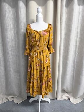 Indigo Rose Boho Floral Smocked Midi Dress Mustard Floral Summer Size 1X